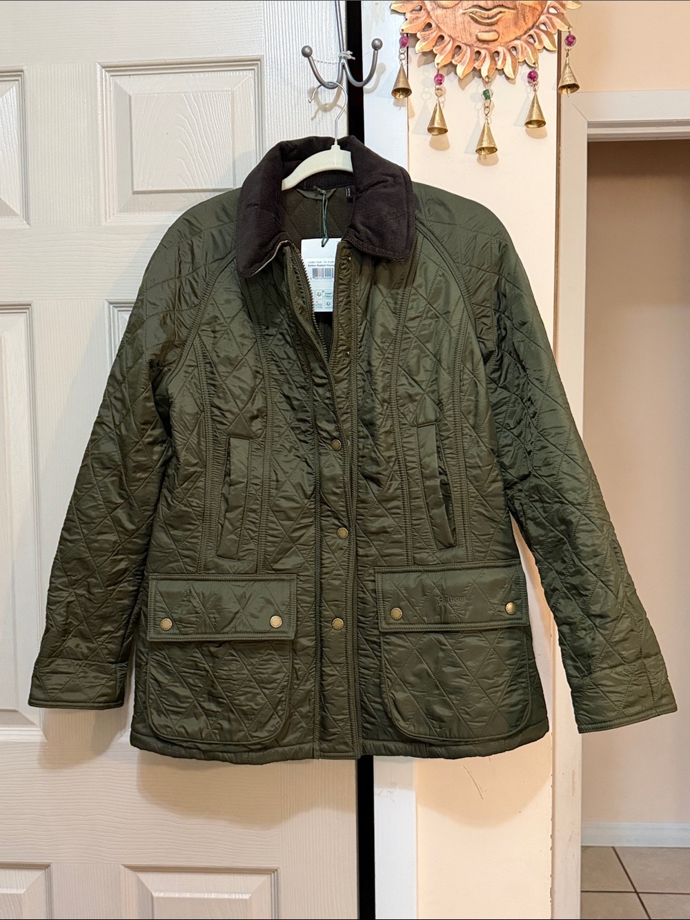 Barbour Olive Quilted Utility Jacket with Dark Brown Collar